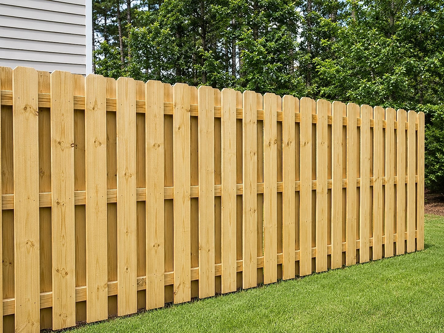 High-resolution wood shadow box fence along a South Florida lawn